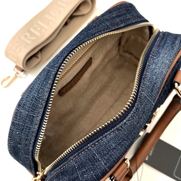 NWT Original TRUE RELIGION Denim Logo Mini Satchel Crossbody Bag Blue Brown - Picture 10 of 12